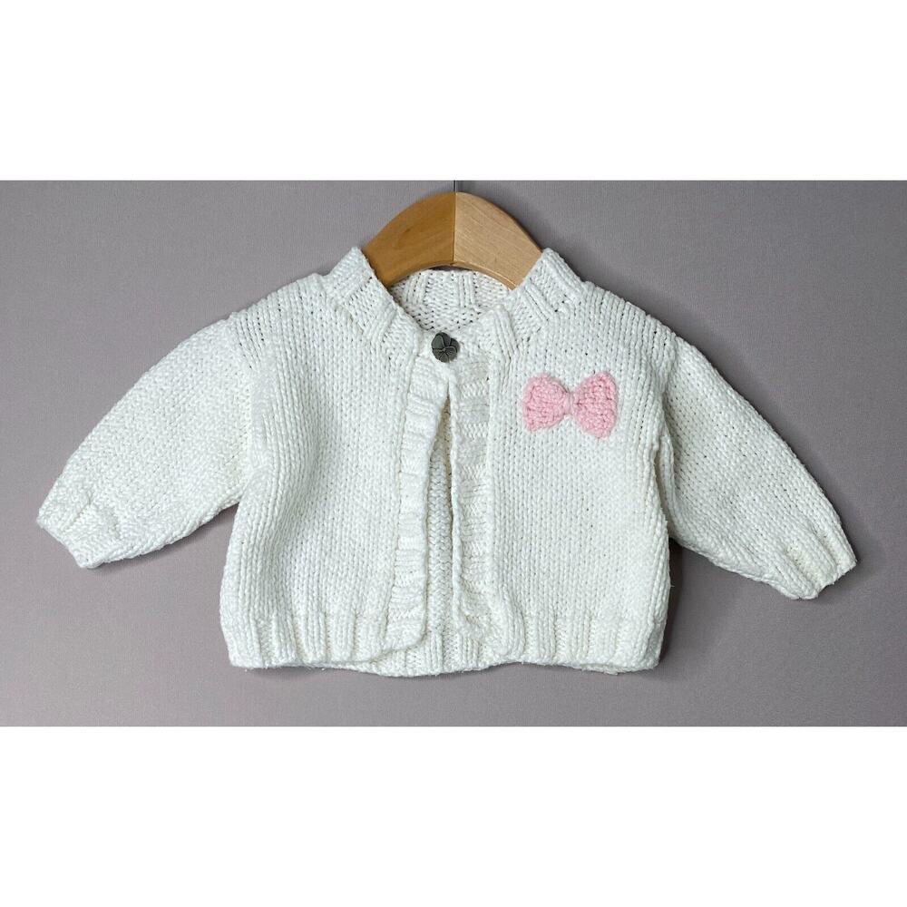 Hearthside Handworks Handknit White Cardigan Sweater w/Flower Button Girls 6 Mo